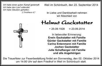 Traueranzeige von Helmut Gackstatter von Kreiszeitung Böblinger Bote