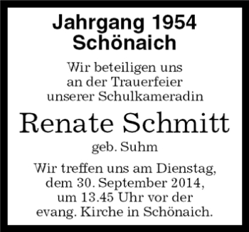 Traueranzeige von Renate Schmitt von Kreiszeitung Böblinger Bote