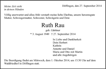 Traueranzeige von Ruth Rau von Kreiszeitung Böblinger Bote