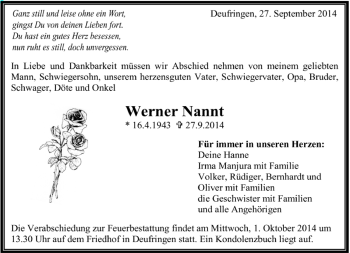 Traueranzeige von Werner Nannt von Kreiszeitung Böblinger Bote