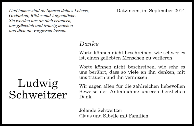  Traueranzeige für Ludwig Schweitzer vom 30.09.2014 aus Kreiszeitung Böblinger Bote