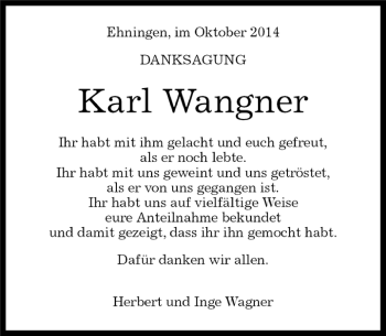Traueranzeige von Karl Wangner von Kreiszeitung Böblinger Bote
