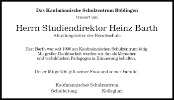 Traueranzeige von Heinz Barth von Kreiszeitung Böblinger Bote