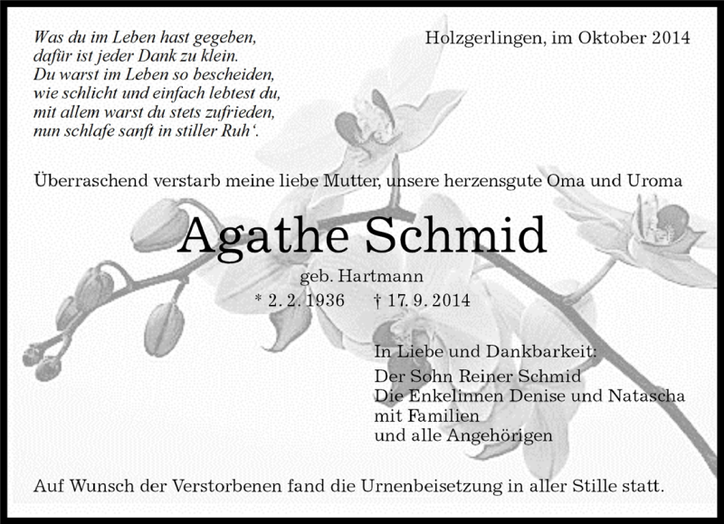  Traueranzeige für Agathe Schmid vom 04.10.2014 aus Kreiszeitung Böblinger Bote