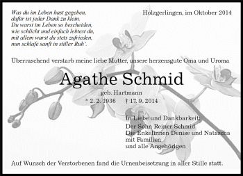 Traueranzeige von Agathe Schmid von Kreiszeitung Böblinger Bote
