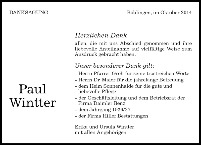  Traueranzeige für Paul Wintter vom 04.10.2014 aus Kreiszeitung Böblinger Bote