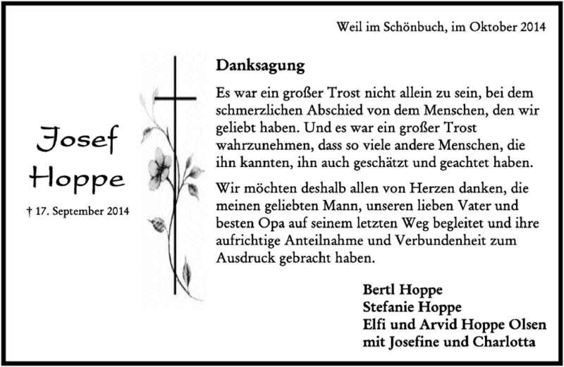  Traueranzeige für Josef Hoppe vom 09.10.2014 aus Kreiszeitung Böblinger Bote