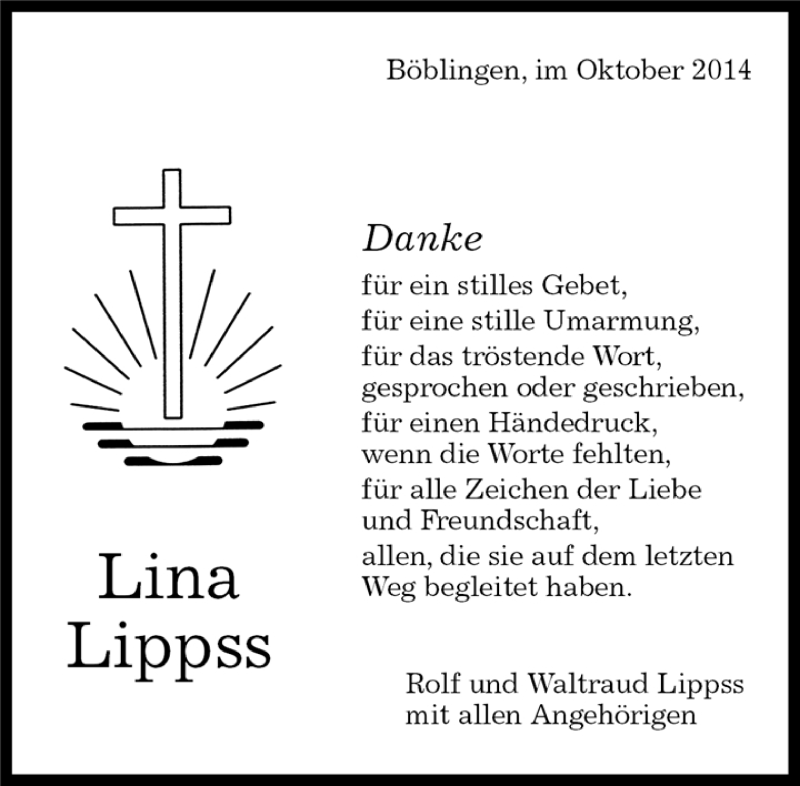  Traueranzeige für Lina Lippss vom 04.10.2014 aus Kreiszeitung Böblinger Bote