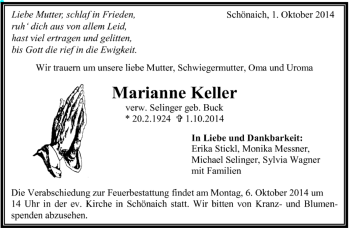 Traueranzeige von Marianne Keller von Kreiszeitung Böblinger Bote