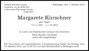 Traueranzeige von Margarete Kürschner von Kreiszeitung Böblinger Bote