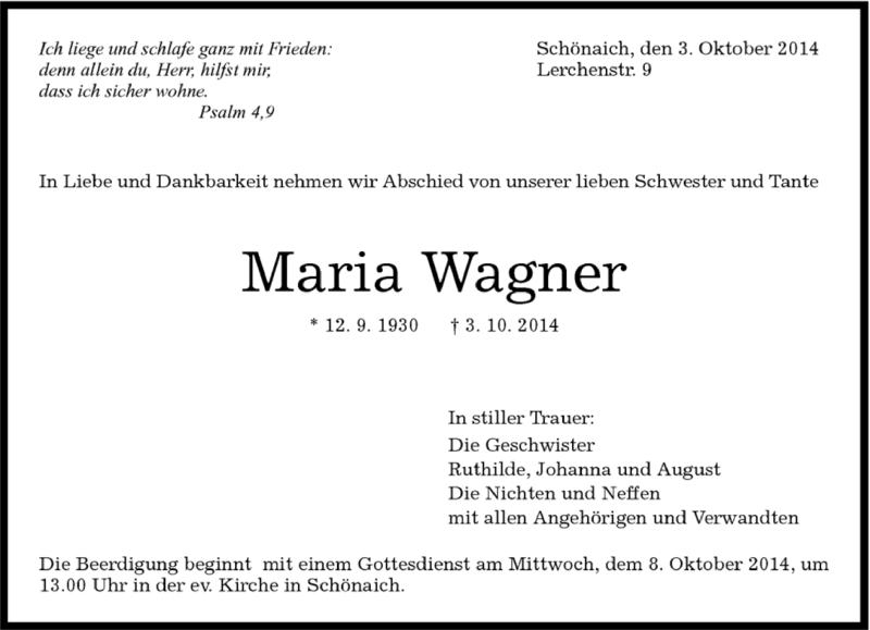  Traueranzeige für Maria Wagner vom 06.10.2014 aus Kreiszeitung Böblinger Bote