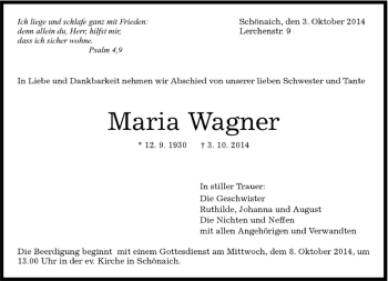 Traueranzeige von Maria Wagner von Kreiszeitung Böblinger Bote