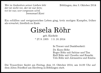 Traueranzeige von Gisela Röhr von Kreiszeitung Böblinger Bote
