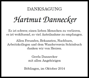 Traueranzeige von Hartmut Dannecker von Kreiszeitung Böblinger Bote