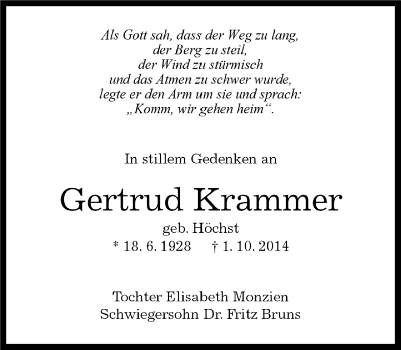  Traueranzeige für Gertrud Krammer vom 09.10.2014 aus Kreiszeitung Böblinger Bote