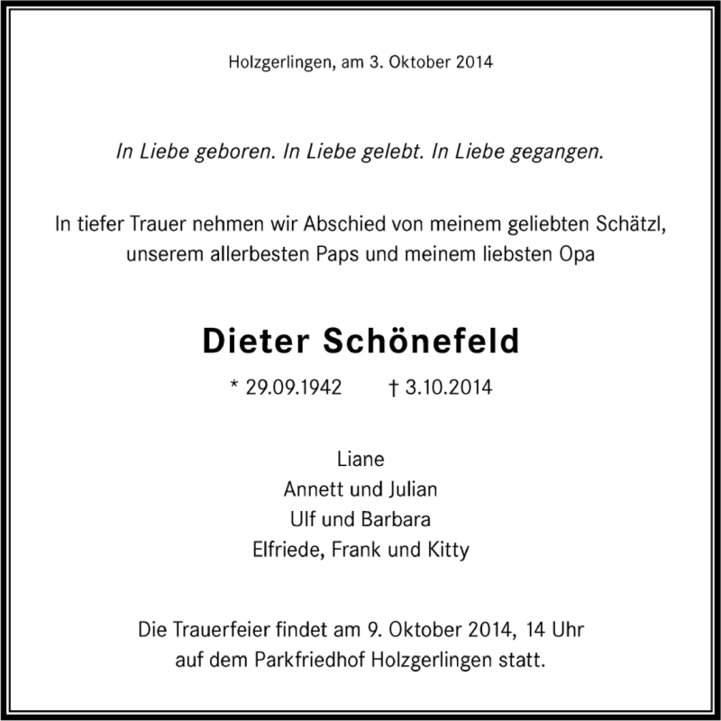  Traueranzeige für Dieter Schönefeld vom 06.10.2014 aus Kreiszeitung Böblinger Bote