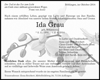 Traueranzeige von Ida Grau von Kreiszeitung Böblinger Bote