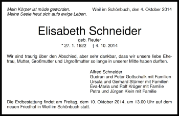 Traueranzeige von Elisabeth Schneider von Kreiszeitung Böblinger Bote