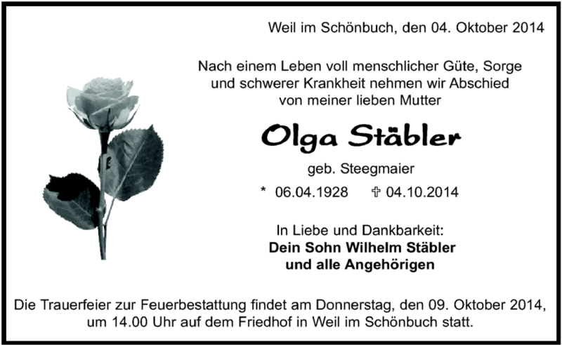  Traueranzeige für Olga Stäbler vom 07.10.2014 aus Kreiszeitung Böblinger Bote