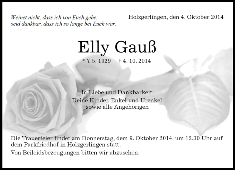  Traueranzeige für Elly Gauß vom 07.10.2014 aus Kreiszeitung Böblinger Bote