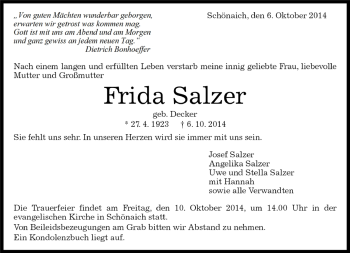 Traueranzeige von Frida Salzer von Kreiszeitung Böblinger Bote