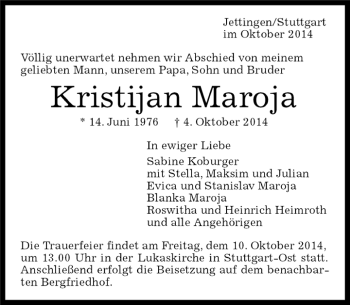 Traueranzeige von Kristijan Maroja von Kreiszeitung Böblinger Bote