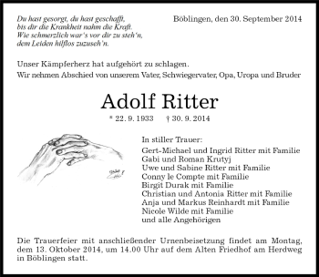Traueranzeige von Adolf Ritter von Kreiszeitung Böblinger Bote