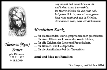 Traueranzeige von Theresia Bauer von Kreiszeitung Böblinger Bote