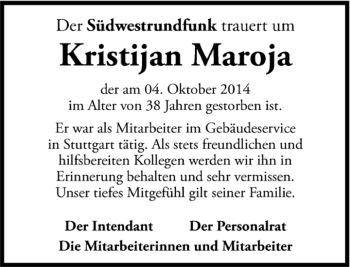 Traueranzeige von Kristijan Maroja von Kreiszeitung Böblinger Bote