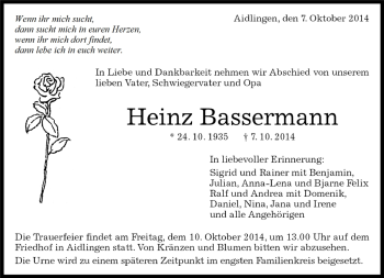 Traueranzeige von Heinz Bassermann von Kreiszeitung Böblinger Bote