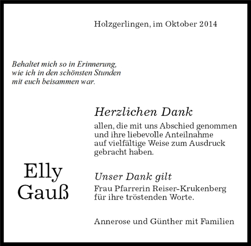  Traueranzeige für Elly Gauß vom 13.10.2014 aus Kreiszeitung Böblinger Bote