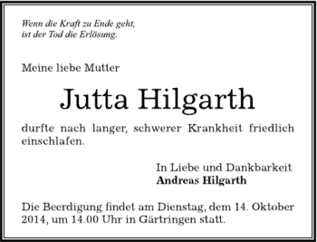 Traueranzeige von Jutta Hilgarth von Kreiszeitung Böblinger Bote