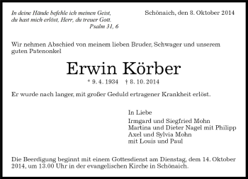 Traueranzeige von Erwin Körber von Kreiszeitung Böblinger Bote