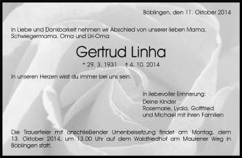 Traueranzeige von Gertrud Linha von Kreiszeitung Böblinger Bote