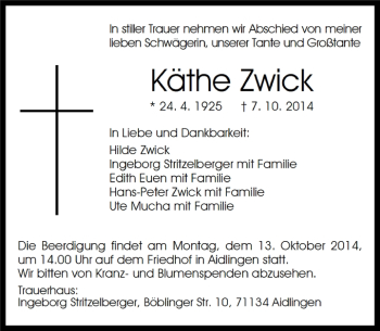 Traueranzeige von Käthe Zwick von Kreiszeitung Böblinger Bote