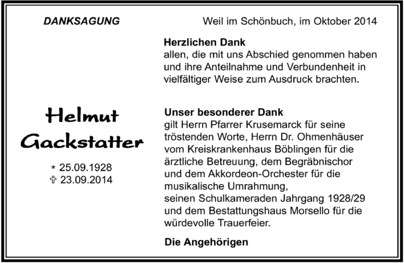 Traueranzeige für Helmut Gackstätter vom 16.10.2014 aus Kreiszeitung Böblinger Bote