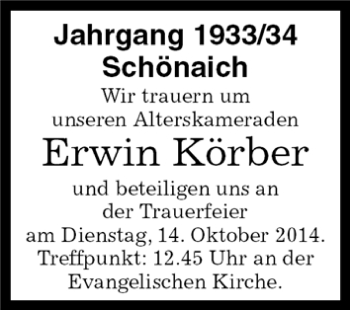 Traueranzeige von Erwin Körber von Kreiszeitung Böblinger Bote