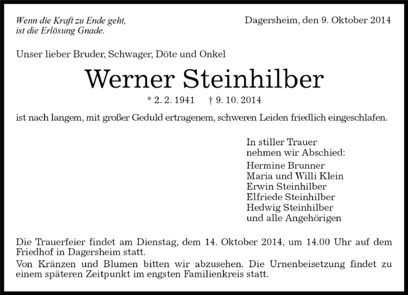  Traueranzeige für Werner Steinhilber vom 13.10.2014 aus Kreiszeitung Böblinger Bote