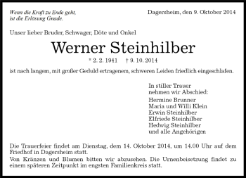 Traueranzeige von Werner Steinhilber von Kreiszeitung Böblinger Bote