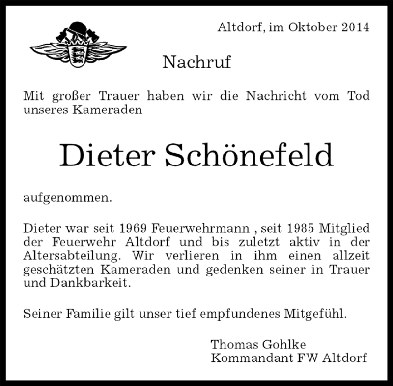  Traueranzeige für Dieter Schönefeld vom 18.10.2014 aus Kreiszeitung Böblinger Bote