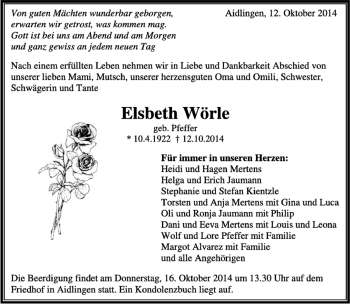 Traueranzeige von Elsbeth Wörle von Kreiszeitung Böblinger Bote