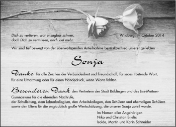 Traueranzeige von Sonja  von Kreiszeitung Böblinger Bote