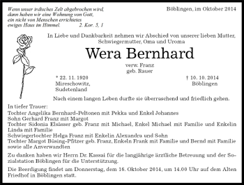 Traueranzeige von Wera Bernhard von Kreiszeitung Böblinger Bote