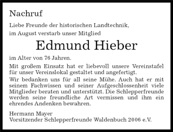 Traueranzeige von Edmund Hieber von Kreiszeitung Böblinger Bote