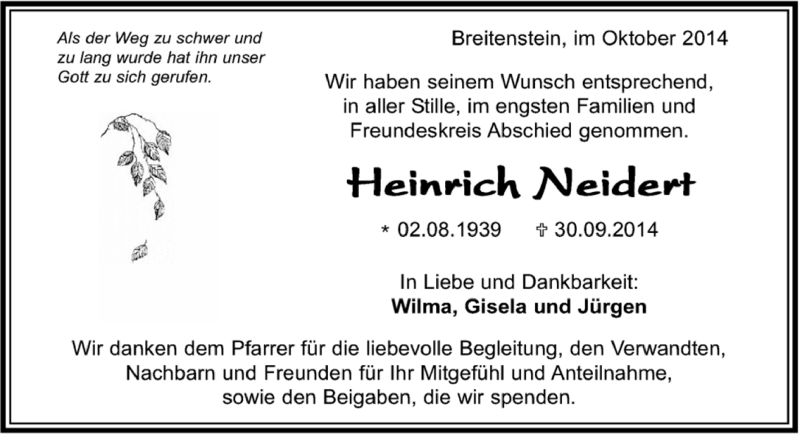  Traueranzeige für Heinrich Neidert vom 15.10.2014 aus Kreiszeitung Böblinger Bote