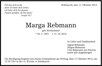 Traueranzeige von Marga Rebmann von Kreiszeitung Böblinger Bote