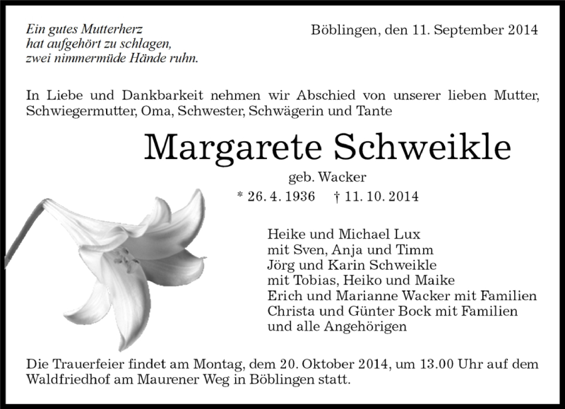  Traueranzeige für Margarete Schweikle vom 15.10.2014 aus Kreiszeitung Böblinger Bote