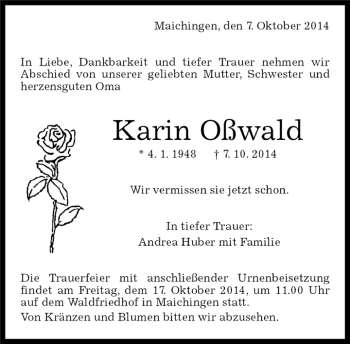 Traueranzeige von Karin Oßwald von Kreiszeitung Böblinger Bote