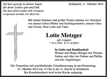 Traueranzeige von Lotte Metzger von Kreiszeitung Böblinger Bote