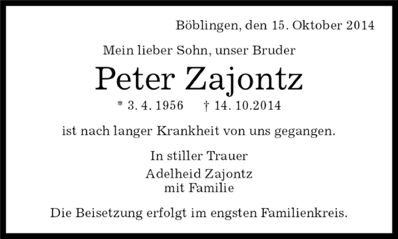  Traueranzeige für Peter Zajontz vom 15.10.2014 aus Kreiszeitung Böblinger Bote